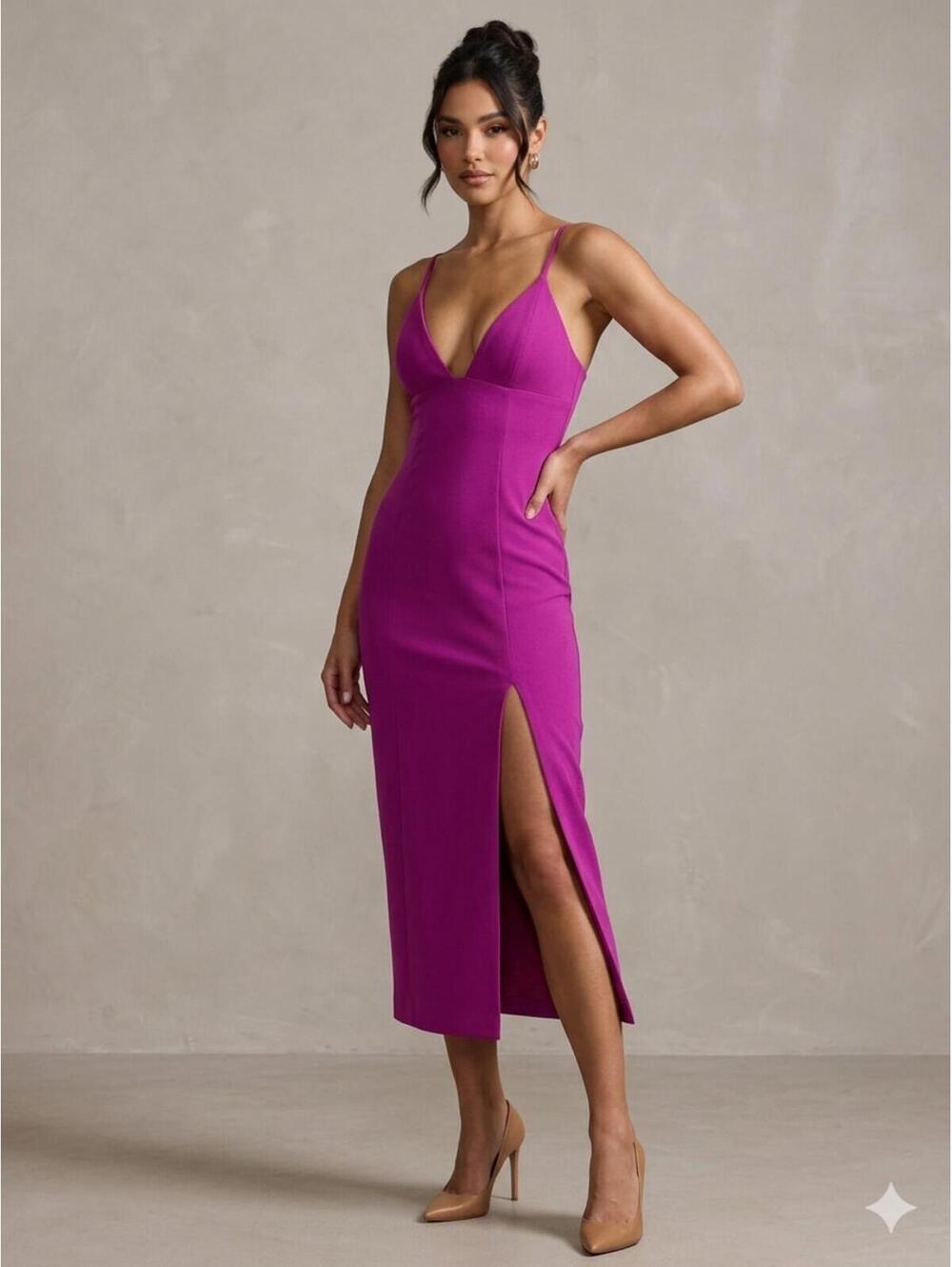 NBD Magenta Deep V-Neck Midi Dress with Side Slit XS